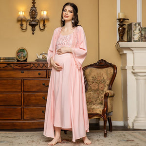 SAMWESTART Fashion Long-Sleeved Maternity Pajamas Two-Piece Loose Lace Splicing Maternity Dress Court Style Women'S Loungewear Soft And Comfortable Pajamas