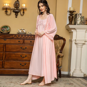 SAMWESTART Fashion Long-Sleeved Maternity Pajamas Two-Piece Loose Lace Splicing Maternity Dress Court Style Women'S Loungewear Soft And Comfortable Pajamas